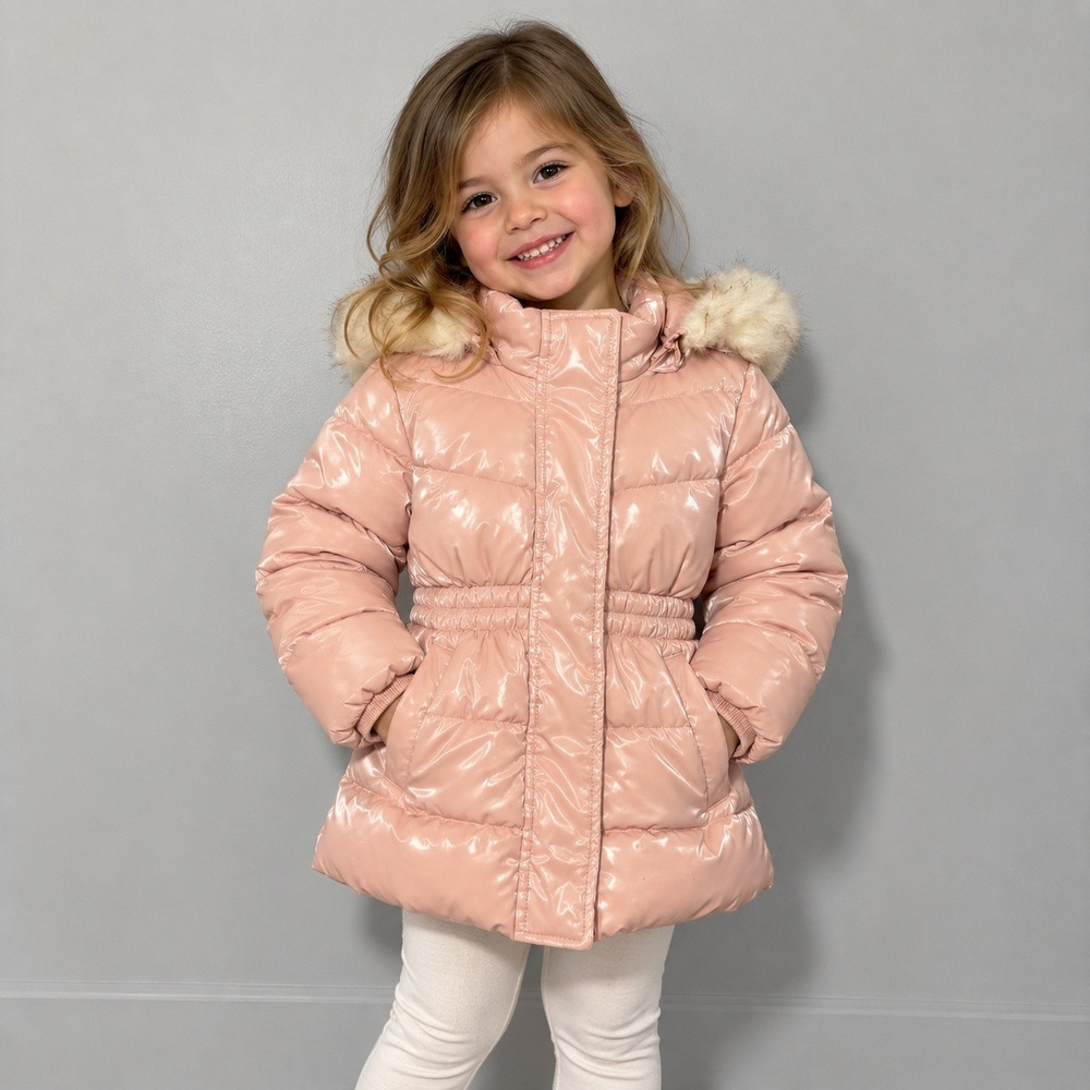 Members Mark Toddler Girls Pink Glossy Puffer Jacket Faux Fur Hood 3T